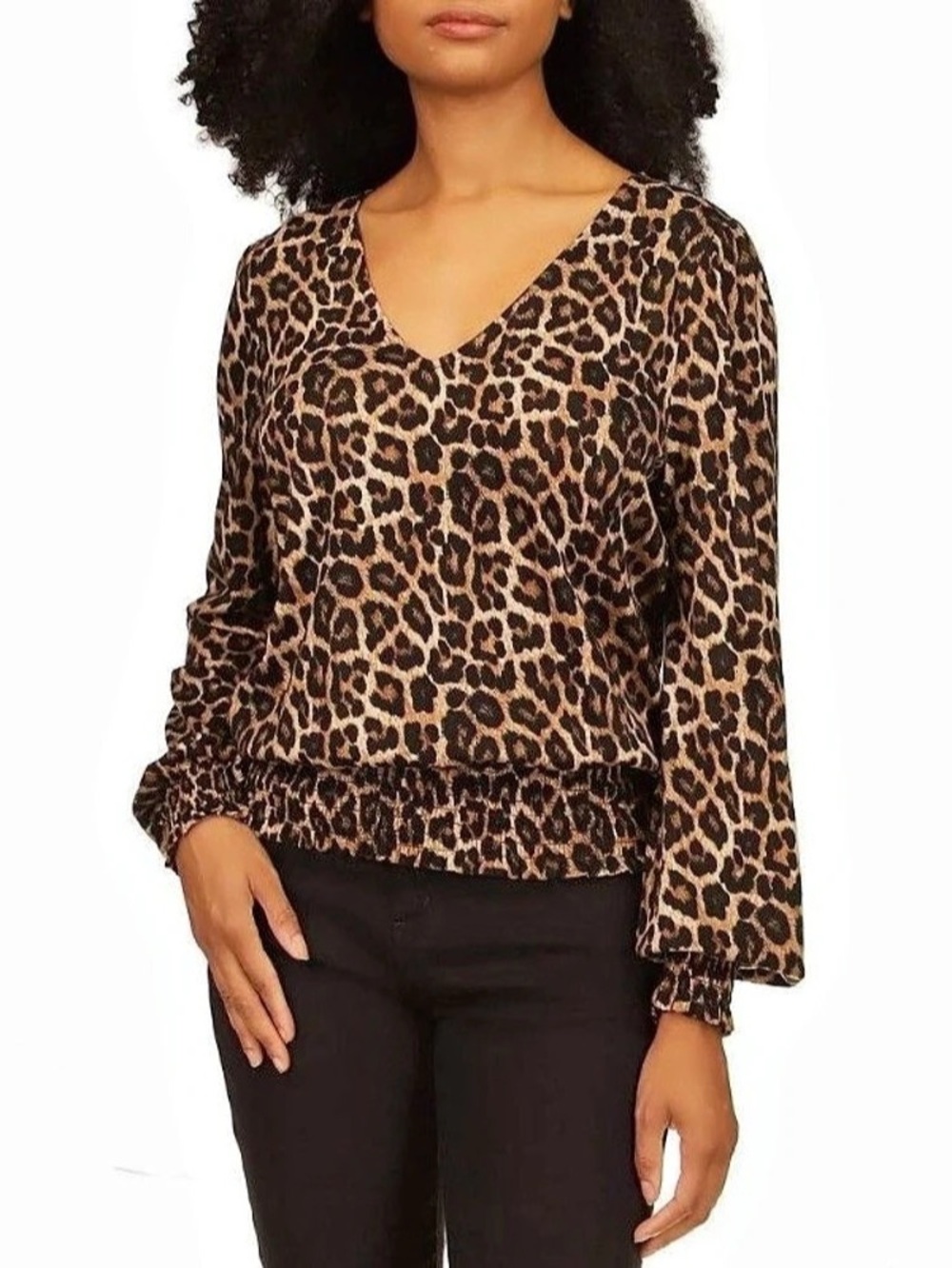 Women's Michael Kors Leopard Print V-Neck Long Sleeve Smocked Hem Top XL $68
